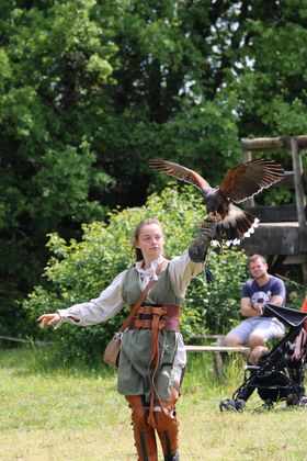 Une jeune fille en costume attrape un faucon sur son bras